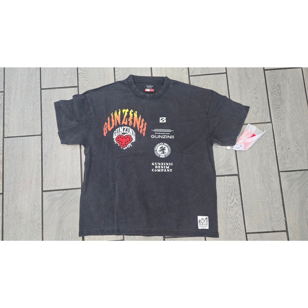 Gunzinii Denim Co GZ567 Graphic T-Shirt Mens XL Black Flame Heart Streetwear NWT
